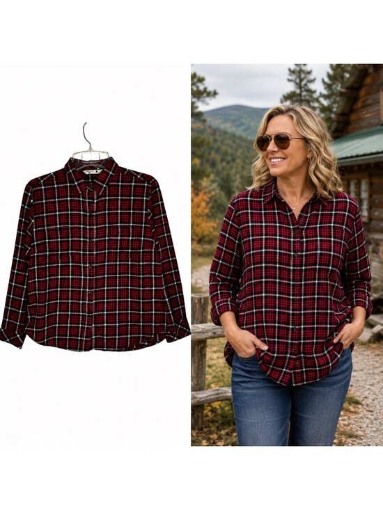 Riders by Lee Tops - Riders By Lee Women's Red & Black Plaid 100% Cotton Flannel Button-Up Shirt SZ L